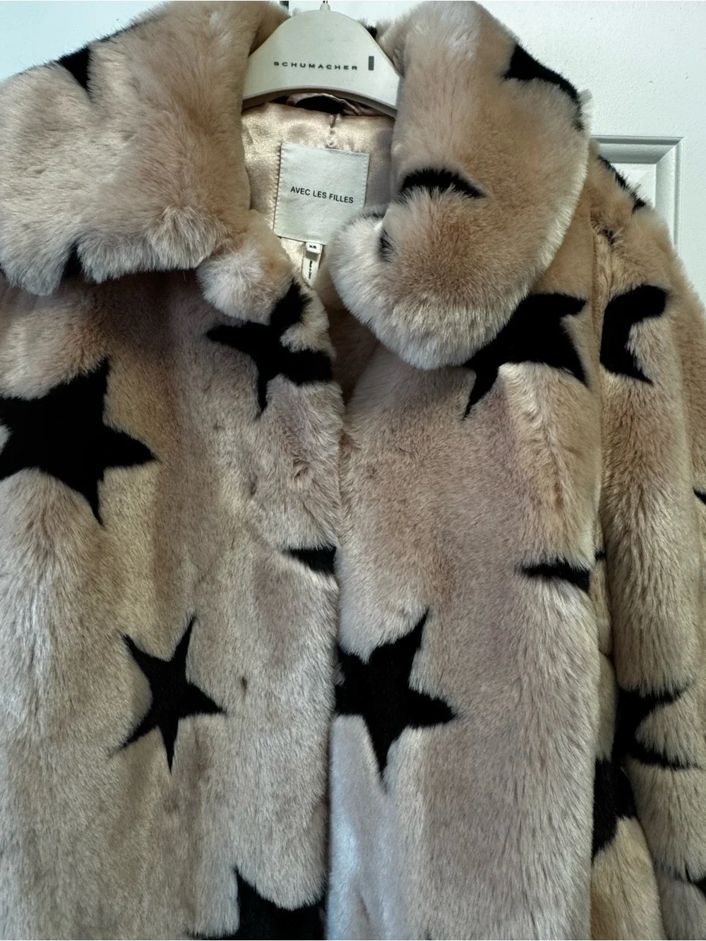 Star Print Faux Fur Coat - Blush Pink & Black - Picture 5 of 5
